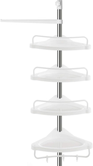 Songmics höhenverstellbares Duschregal, 95-300 cm, 4 Ablagen, 3 Haken, Weiß / Silber