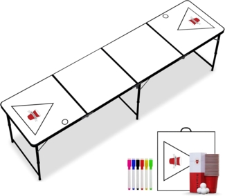 RedCupShop® 'Zum Selbst Gestalten' Bierpong Tisch Set, mit Markern und Stiften inkl. 25 Bechern & 4 Bällen, klappbar, tragbar & wasserabweisend, Aluminium / MDF, 240 x 60 x 70 cm