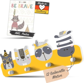 Kindsblick ® Indianer Kindergarderobe in Senfgelb/Weiß inkl. DIN A4 Poster - Garderobe mit 4 Kleiderhaken für Kinder - Wunderschöne Deko für jedes Kinderzimmer - Maße (38 x 15 x 1 cm)