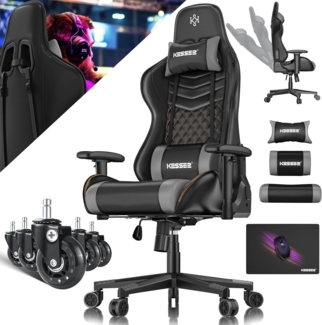 KESSER® Gaming Stuhl Ergonomisch Bürostuhl mit Kopfstütze & Lendenkissen | Racing Gamer Stuhl 150kg belastbar | Armlehne 360° | Drehbarer Schreibtischstuhl Gaming Chair + Gummi-Rollen Schwarz / Orange