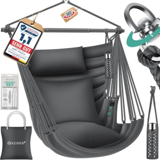 KESSER® Hängesessel Haiti 150kg Traglast, Hängestuhl 360° Drehung, Hängeschaukel Indoor-Outdoor UV-beständig & Wasserfest, Pflegeleicht, Inkl. 2 Kissen, Tragetasche, Flaschenhalter & Montage-Set Anthrazit / Anthrazit