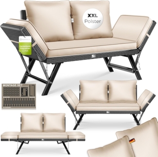 KESSER® Gartenbank Polyrattan Luna mit Liegefunktion Gartensofa 4-in-1 Verstellfunktion Gartencouch Wetterfest, Balkonsofa Verstellbare Armlehnen, Extra Dicke & Weiche Polster, Garten/Balkon/Terrasse Schwarz / Beige