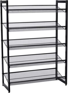 Erweiterbares Schuhregal aus Metallgewebe mit 5 Ebenen für 15-20 Paar Schuhe, Schuhständer für Flur, 74 x 104 x 30.7cm (B x H x T), Schwarz LMR005B