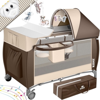 KIDIZ® Babybett 3 in 1 Reisebett Kombi Set Baby Bett mit Wickelauflage Moskitonetz Laufstall Baby ab Geburt bis 15 kg luftige Seitenwände mit Seiteneingang Tragetasche zusammenklappbar Braun