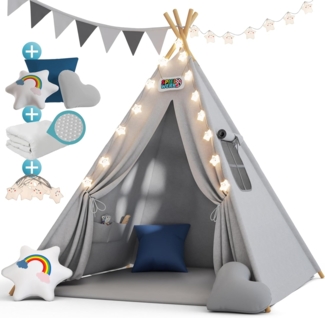 Spielwerk Kindertipi mit Lichterkette, Bodenmatte & Kissen, Baumwolle grau, 120 x 120 x 160 cm