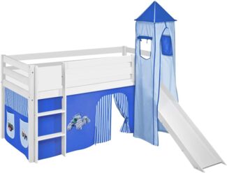 Lilokids 'Jelle' Spielbett 90x200 cm, Trecker Blau, Kiefer massiv, mit Turm, Rutsche und Vorhang