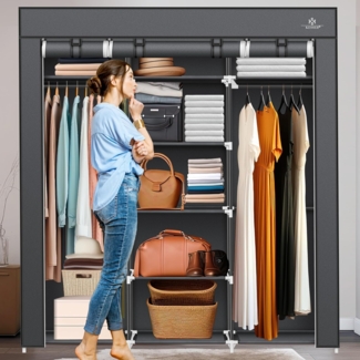 KESSER® Kleiderschrank Stoffschrank Stabil mit Kleiderstange & Ablagen, Inkl. 5x Kleiderbügel, Stoff Faltschrank für Schlafzimmer, Ankleidezimmer Garderobe mit Kleiderständer 150x45x175cm Anthrazit