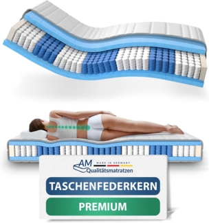 AM Qualitätsmatratzen Premium 7-Zonen Taschenfederkernmatratze H2, Höhe 24 cm, 90x200 cm
