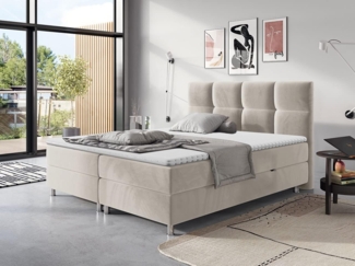 Mirjan24 'Evan' Boxspringbett mit Bettkästen, Bonellfederkernmatratzen & Topper, Kopfteil gesteppt und gepolstert, Beige, 140x200 cm