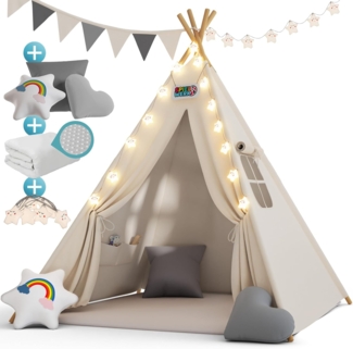 Spielwerk Kindertipi mit Lichterkette, Bodenmatte & Kissen, Baumwolle weiß, 120 x 120 x 160 cm