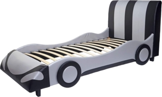 Bett HWC-E14, Auto Junge Kinderbett Jugendbett, Lattenrost Kunstleder Holz 190x100 cm ~ schwarz-silber