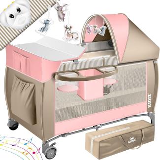 KIDIZ® Babybett 3 in 1 Reisebett Kombi Set Baby Bett mit Wickelauflage Moskitonetz Laufstall Baby ab Geburt bis 15 kg luftige Seitenwände mit Seiteneingang Tragetasche zusammenklappbar Rosa / Beige
