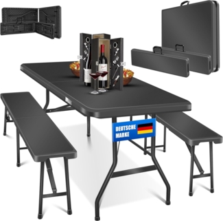 KESSER® Bierzeltgarnitur - 3-teilig Set, Tisch + 2 x Bank, für drinnen - draußen, klappbar, Tragegriffe, HxBxT: 73x180x75 cm , Kunststoff, Rattan-Look Gartengarnitur , Klapptisch , Gartentisch Anthrazit, Glatt