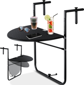KESSER® Balkonhängetisch klappbar Balkontisch zum Einhängen Balkon Hängetisch 3-fach höhenverstellbarer Klapptisch Balkongeländer wetterfest mit 2x Getränkeplätze Tischplatte BxT: 62 x 60 cm Schwarz
