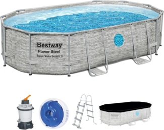 Bestway Power Steel Swim Vista Series Frame Pool Komplett-Set mit Sandfilteranlage 488 x 305 x 107 cm , Steinwand-Optik (Cremegrau), oval, beige