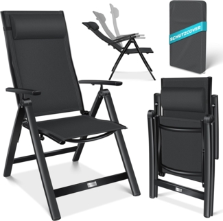 KESSER® Gartenstuhl Hochlehner mit Armlehnen | Aluminium Klappstuhl inkl. Kopfkissen Campingstuhl 7-Fach Verstellbar Rückenlehne | Atmungsaktiv & Wetterfest | Klappbar & Anti-Rutsch Schwarz, 1 Stück