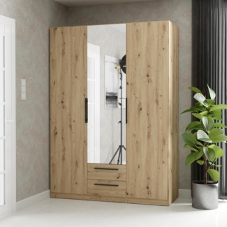 Forte CADIXO Kleiderschrank 150 155, Moderner Scandi-Schrank mit Spiegel, 3-türig, Artisan Eiche, 150,6 cm breit, 212,9 cm hoch, 58,9 cm tief