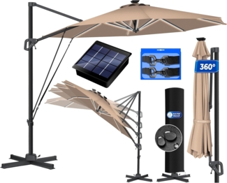 KESSER® Sonnenschirm Ampelschirm SUN Rund XL Ø330 cm Inkl. Abdeckung + Windsicherung 7-Fach Verstellbar Drehbar Neigbar Kippbar Groß 360° Drehbar Gartenschirm mit Kurbel Sonnenschutz UV50+ Taupe, Mit LED