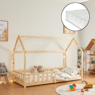 Hausbett Hesel, Kinderbett, Lattenrost und Matratze, Holzoptik, 90x200 cm