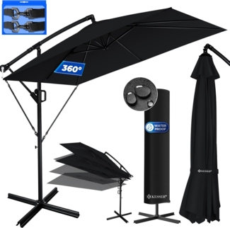 KESSER® 'Holly' Ampelschirm ohne LED Solar, inkl. Ständer, Abdeckung & Windsicherung mit Kurbel, Aluminium schwarz, Ø 350 cm