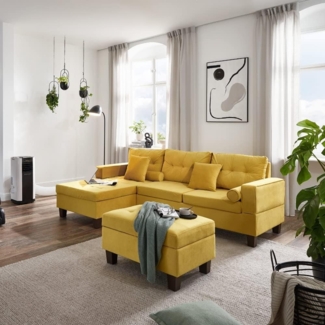 HOME DELUXE 'ROM' Sofa, mit Récamiere, Gelb, Samt, 90,8 x 242,6 x 154,3 cm