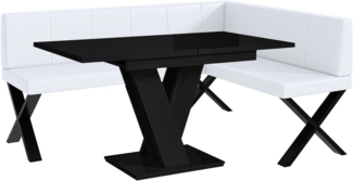 MEBLINI Eckbank für Esszimmer mit ausziehbarem Tisch - Küchenbank - Essecke - Sitzecke Küche - PETER - X-Beine 128x168x87cm Rechts - Weiß Kunstleder/M Schwarz Hochgl.