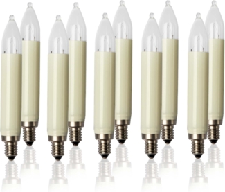 hellum Ersatz-Kerzen für Weihnachtsbaum Kerzen Lichterketten innen und außen, 10 Stück 12V 3W Schaftkerze für Kerzen Lichterketten mit 20 Brennstellen, ø15mm E10/ 12V/ 3W/ 22Lumen 902013