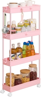 SONGMICS Rollwagen, Küchenwagen mit 4 Ebenen, Küchenregal, Nischenregal, mit 6 Haken, 360° drehbare Räder, Stahlgestell, Bad, Küche, Büro, pastellrosa KSC008R01