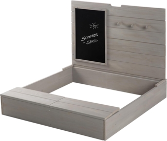 roba Sandkasten mit Deckel - HxBxT: 65,5 x 85 x 80 cm - aufklappbar - Tafel & 3 Haken - Grau lasiert