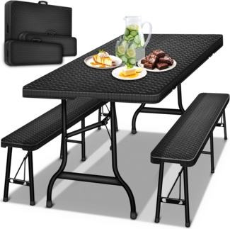 tillvex® Bierzeltgarnitur, 3-teilig, klappbar und wetterfest, Polyrattan, 180 x 75 x 75 cm, Schwarz