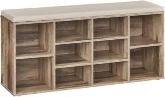 VASAGLE Schuhbank, Schuhregal mit Sitzfläche, Sitzbank mit Stauraum, gut gepolstert, Flurbank mit 10 Fächern, verstellbaren Ablagen, für Schlafzimmer, 30 x 104 x 48 cm, kamelbraun LHS010K02