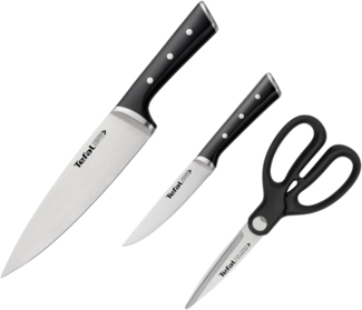 Tefal 'K232S355 Ice Force' 3-teiliges Messerset Kochmesser, Universalmesser & Küchenschere, Edelstahl schwarz, 20 cm / 11 cm