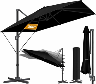 KESSER® Sonnenschirm Ampelschirm SUN XL 300 x 300 cm Inkl. Abdeckung +Windsicherung Drehbar Neigbar Kippbar Marktschirm Groß 360° Rotation, Gartenschirm mit Kurbel Sonnenschutz UV50+ Schwarz, Mit LED