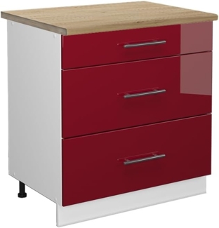 Vicco Küchenunterschrank Fame-Line, Bordeaux Hochglanz/Weiß, 80 cm mit 3 Schubladen, AP Eiche