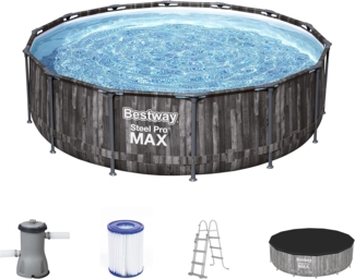 Bestway Steel Pro MAX Frame Pool Komplett-Set mit Filterpumpe Ø 427 x 107 cm, Holz-Optik (Mooreiche), rund