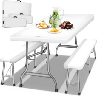 tillvex® Bierzeltgarnitur, 3-teilig, klappbar und wetterfest, Polyrattan, 180 x 75 x 75 cm, Weiß