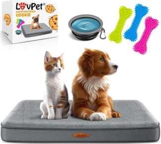 Lovpet® 'Cookie' Hundebett, orthopädisches, Inkl. Napf, 3x Kauknochen, Bezug abnehmbar und waschbar, Schaum / Plüsch / PP-Cotton, Anthrazit / Grau, XL (112 x 81 x 7.6 cm)