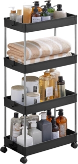 SONGMICS Rollwagen, Küchenwagen mit 4 Ebenen, Küchenregal, Nischenregal, mit 6 Haken, 360° drehbare Räder, Stahlgestell, Bad, Küche, Büro, schwarz KSC010B01