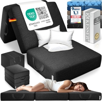 KESSER® Klappmatratze Gästematratze 3-fach Faltmatratze faltbar zum Sitzhocker | Schaumstoff 25kg/m³ extra dick 15cm atmungsaktiv waschbar abnehmbarer Bezug | Matratze inkl. Camping Tragetasche Schwarz, 90 x 195 x 15 cm