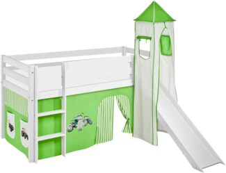 Lilokids 'Jelle' Spielbett 90x190 cm, Trecker Grün Beige, Kiefer massiv, mit Turm, Rutsche und Vorhang