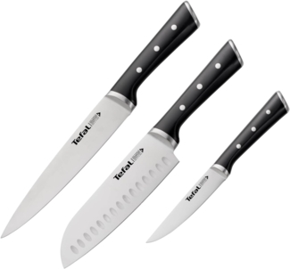 Tefal 'K232S3 Ice Force' Fleisch-, Santoku- und Universalmesser, 3er Set, Edelstahl schwarz, 20 cm / 18 cm / 11 cm