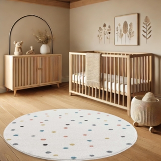 payé Teppich Rund Kinderzimmer - Cream - 120x120 cm - Spielteppich Bunte Punkte Kurzflor Kinderteppich - Oeko-Tex Standard 100