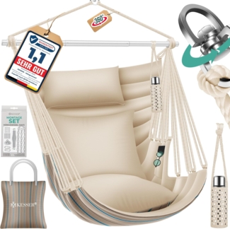KESSER® Hängesessel Haiti 150kg Traglast, Hängestuhl 360° Drehung, Hängeschaukel Indoor-Outdoor UV-beständig & Wasserfest, Pflegeleicht, Inkl. 2 Kissen, Tragetasche, Flaschenhalter & Montage-Set Cappuccino