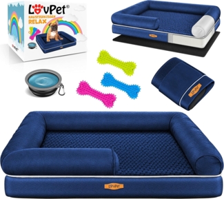 Lovpet® Orthopädisches Hundebett Hundekissen Hundekorb Relax, Inkl. Napf + 3X Kauknochen, Hundesofa für Kleine, Mittelgroße & Große Hunde, Bezug abnehmbar und waschbar, Navyblau, M (91 x 71 x 25 cm)