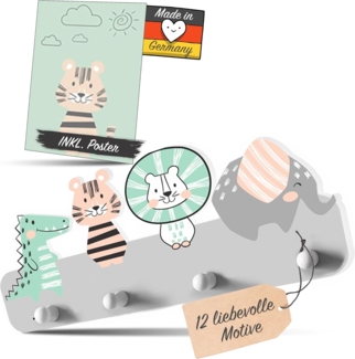Kindsblick ® Junglefreunde Kindergarderobe in Grau inkl. DIN A4 Poster - Garderobe mit 4 Kleiderhaken für Kinder - Wunderschöne Deko für jedes Kinderzimmer - Maße (38 x 15 x 1 cm)