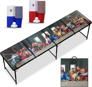 RedCupShop® 'Abendmahl' Bierpong Tisch, inkl. 50 Bechern und 8 Bällen, klappbar, tragbar, wasserabweisend & kratzfest, Aluminium / MDF, 240 x 60 x 70 cm