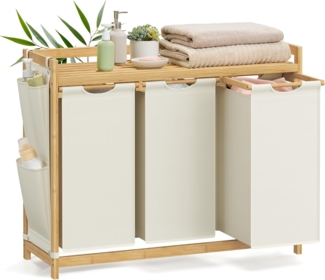 SONGMICS Wäschekorb 3 Fächer, Bambus, 150 L, mit Ablage, kleine seitliche Taschen, 3 x 50 L, cremeweiß, 94 x 33 x 78 cm