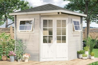 Alpholz 5-Eck Gartenhaus Modell Sunny-B Gartenhaus aus Holz in Braun Holzhaus mit 28 mm Wandstärke Blockbohlenhaus mit Montagematerial