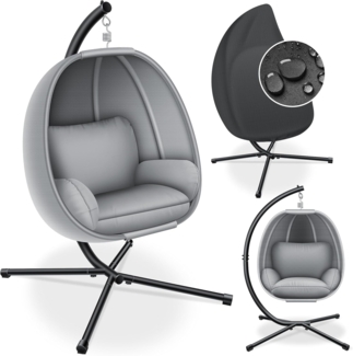 KESSER® Luxe Hängesessel mit Gestell + weicher Sitzkissen, Seitenpolsterung, Sitz- und Rückenkissen Hängekorb Indoor & Outdoor, Garten Schaukel Korb Hängestuhl Stabiler Standfuß, max. 150 kg Grau