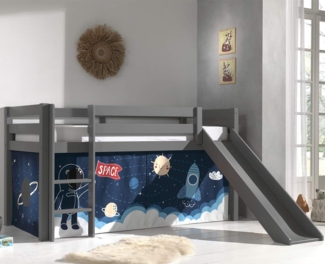 Vipack 'Pino' Halbhochbett 90x200 cm, grau, Kiefer massiv, mit Rutsche und Textilset 'Space Shuttle'